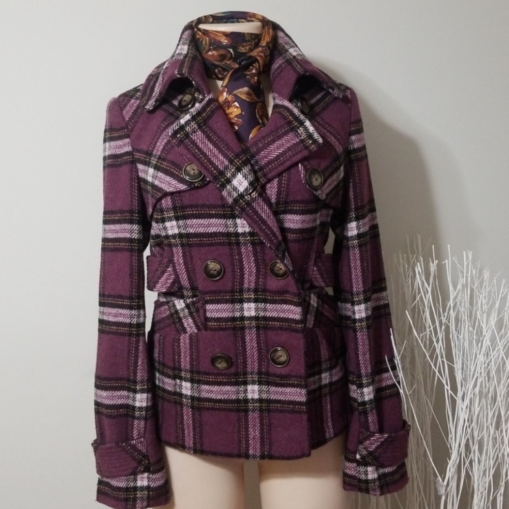 GREEN WITH ENVY PURPLE PLAID PEACOAT *EUC*